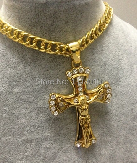 

NEW Golden JESUS CROSS Iced Out Crucifixion Rhinestone Pendant Hip Hop Link Chain Alloy Hipster Necklace Christian Xmas