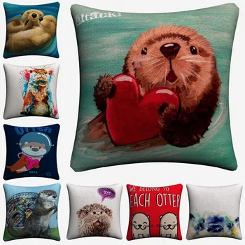 

Sea Otter Lovely Animal Artwork Decorative Linen Cushion Cover For Sofa Chair 45x45cm Throw Pillow Case Home Decor Almofada