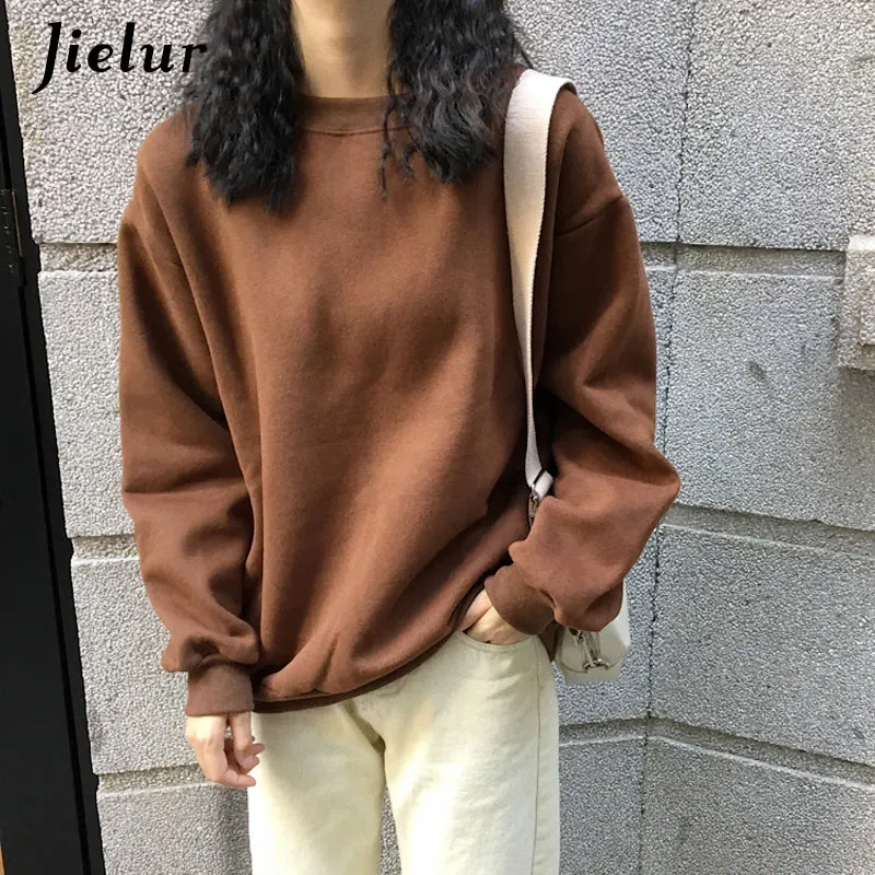 Jielur 12 однотонные толстовки Джерси женские Зимние флисовые корейские Harajuku толстовки женские Kpop Kawaii черные розовые женские s пуловеры - Цвет: Coffee