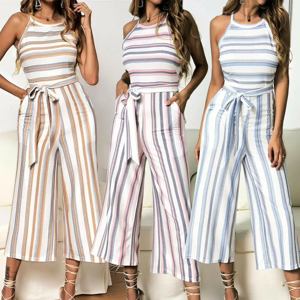 

Hirigin Womens Summer Casual Jumpsuit Sleeveless Bandage Striped Playsuit Party Wide Leg Long Trousers Romper