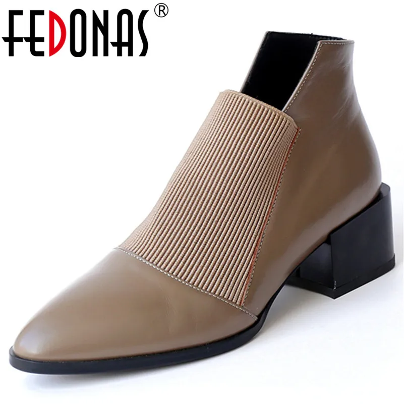 

FEDONAS 2019 Autumn Winter New Fashion Pointed Toe Square Heels Women Pumps Genuine Leather Slip on Casual Basic Shoes Woman