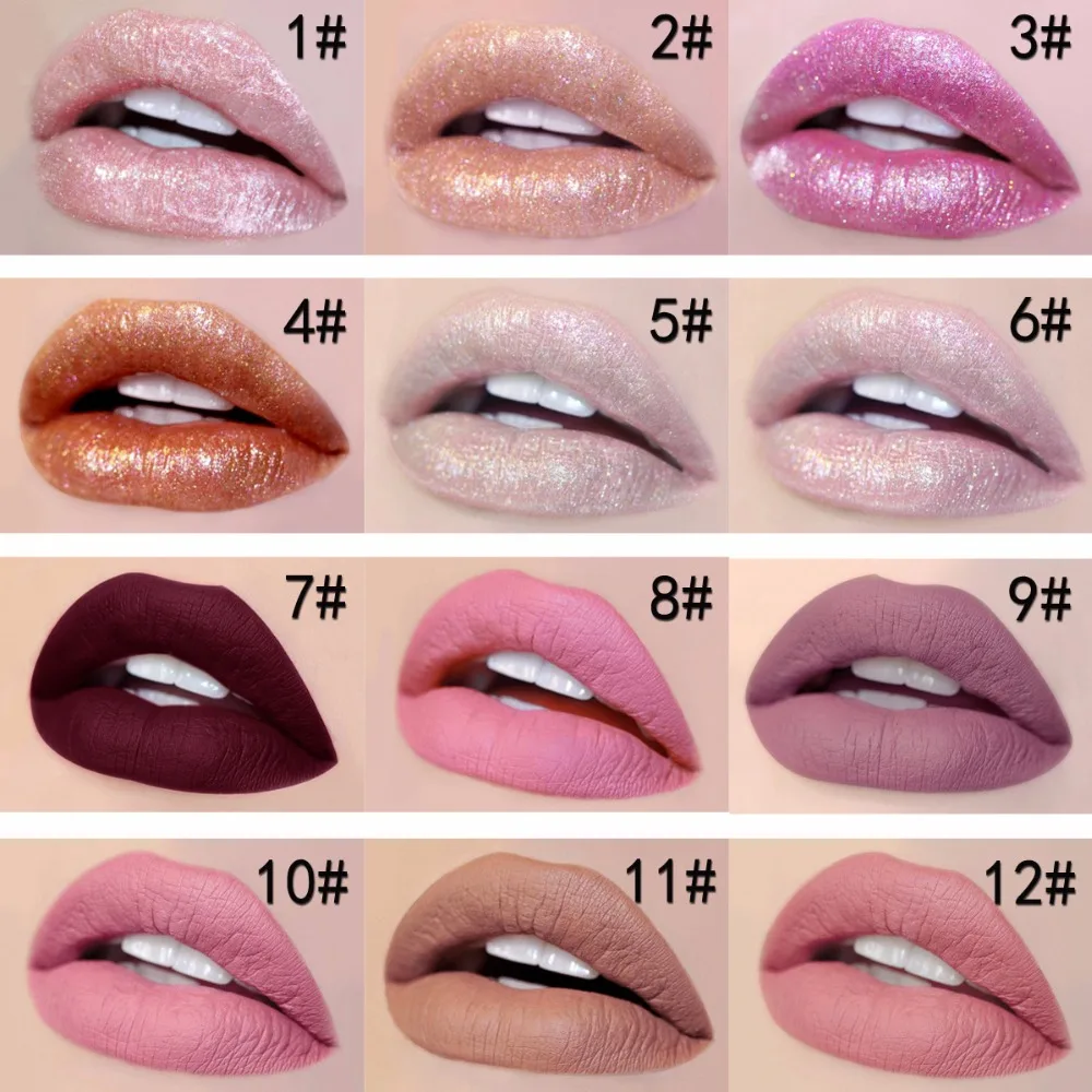 

12 unids/lot Pearlescent Pillow Lip Glossy Lipstick Lipstick Lasting Waterproof Metal Color Sexy Colorful Lip Makeup