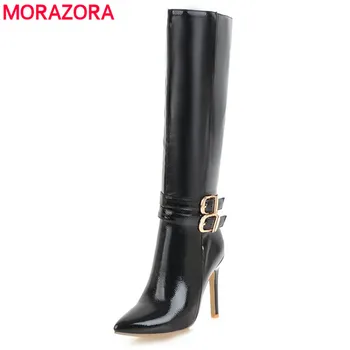 

MORAZORA 2020 large size 34-48 knee high boots women pointed toe autumn winter boots zip with buckle sexy stiletto heels shoes