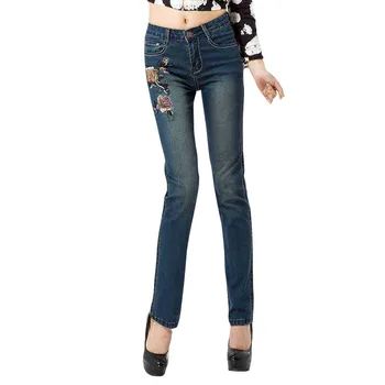 

Women's High Quality Embroidery Elasticity Jeans Female Slim Cotton Denim Trousers Eater Wash Denim Pants
