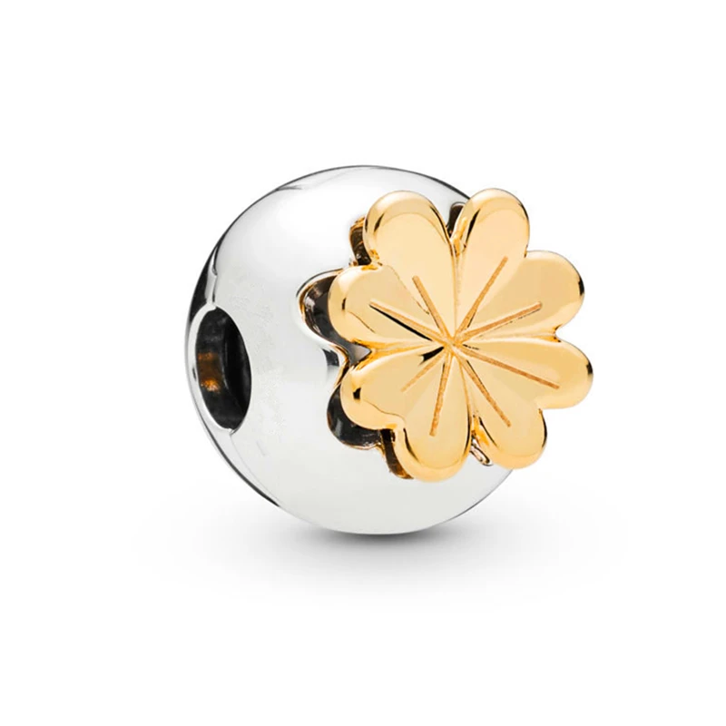 

2019 Spring Gold Color Clover Clip Charm Fits Pandora Bracelets Charm Silver 925 Original Floating Carving Four-Leaf Clip Beads.
