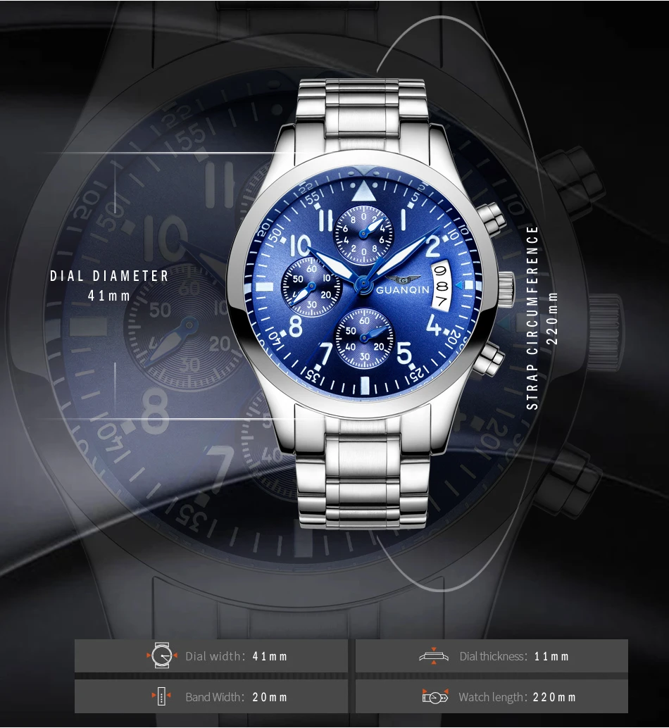 GUANQIN мужские часы Топ бренд класса люкс для мужчин бизнес хронограф кварцевые часы Полный сталь водонепроницаемый наручные часы relogio masculino