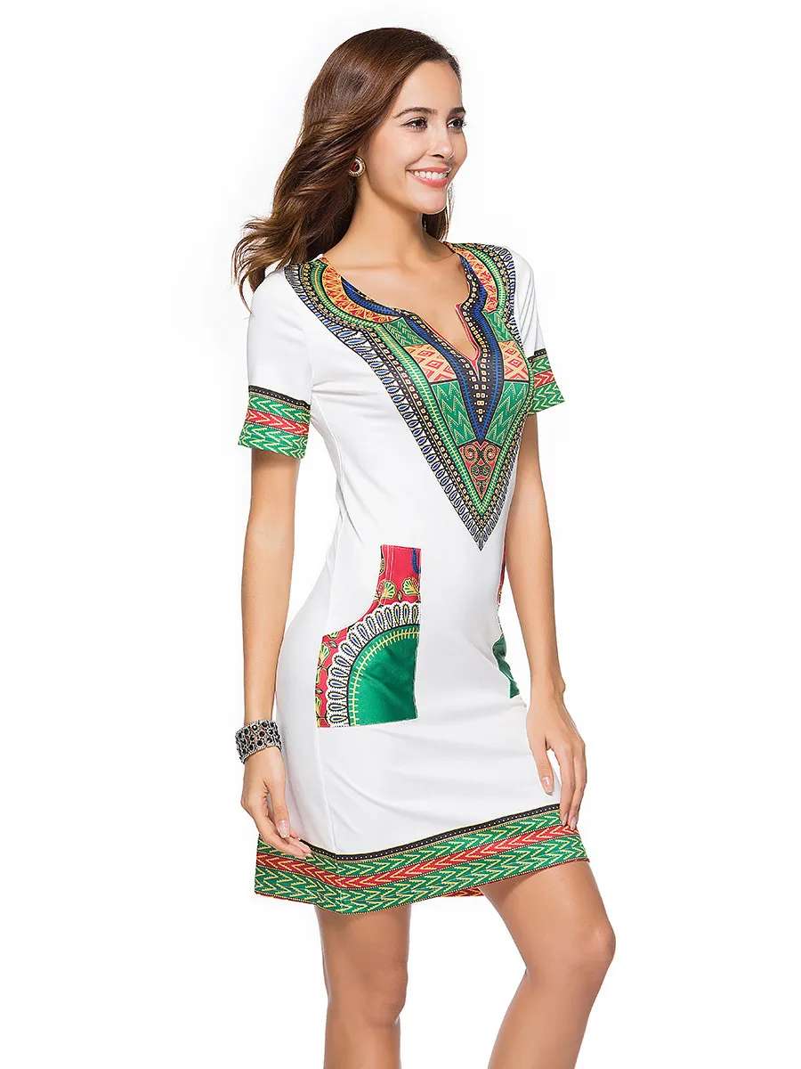 Gladiolus 2019 Summer Dress Women Short Sleeve V Neck Pocket Bodycon Sexy Ethnic Print Women Dress Plus Size 3XL Ladies Dresses (14)
