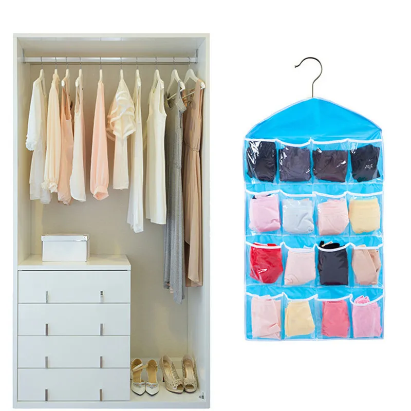 16 Pockets Clear Hanging Bag Socks Bra Underwear Rack Hanger Storage