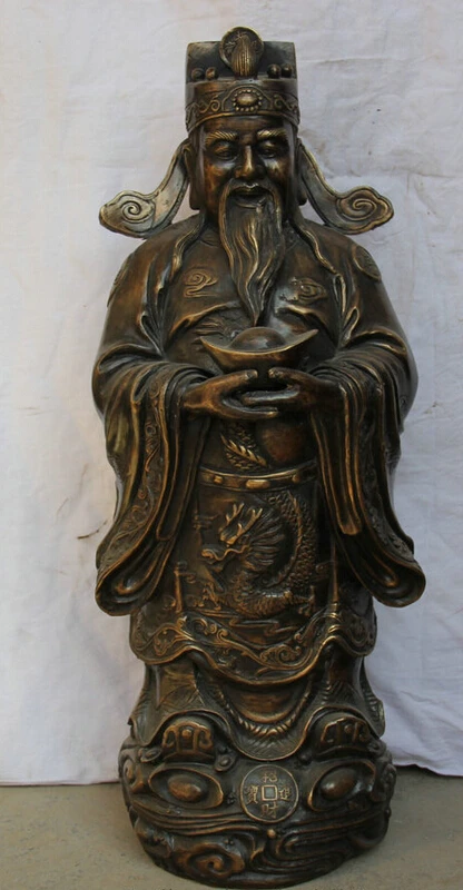 

song voge gem S1919 25" Old Chinese Bronze Dragon Yuan Bao Coin Stand Mammon Money Wealth God Statue