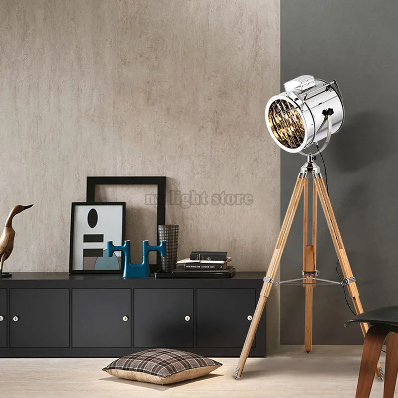 

Modern American Adjustable Floor Lamps Gold Chrome Searchlight Wood Fodable Tripod Floor Lights For Foyer Study Livingroom