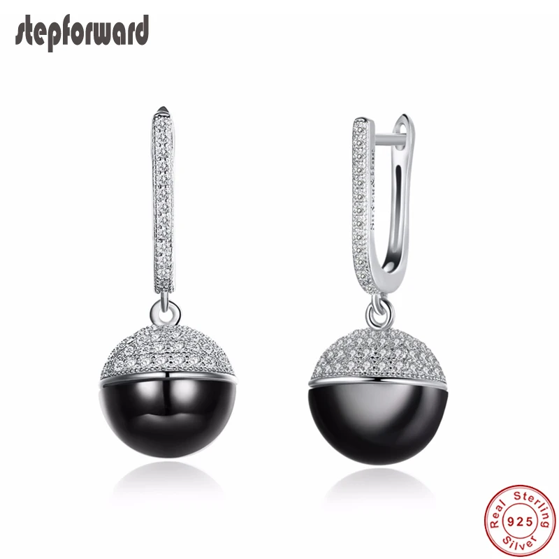 

Popular Classic 925 Sterling Silver CZ Paved Black Ball Ceramic Drop Earring 2019 Women's Earring Korean Earrings