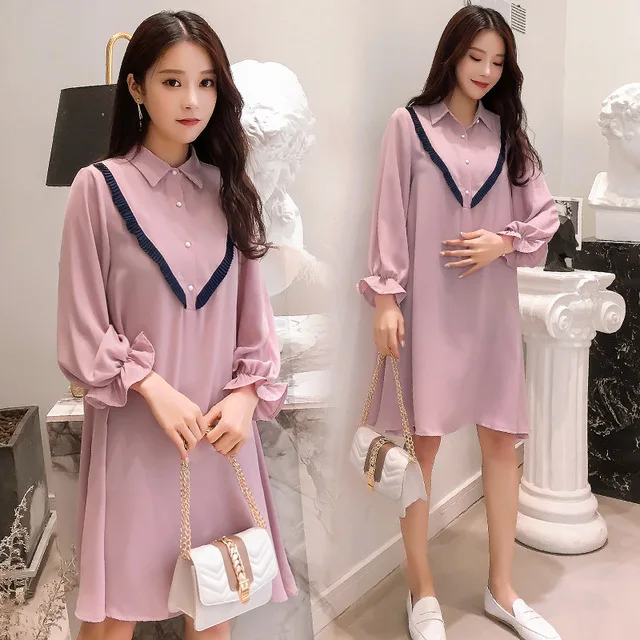 

Women Maternity Clothing Korean Maternity Blouses Sweet Lovely Loose Dress Clothes For Pregnant Women Spring Chiffon Pregnancy