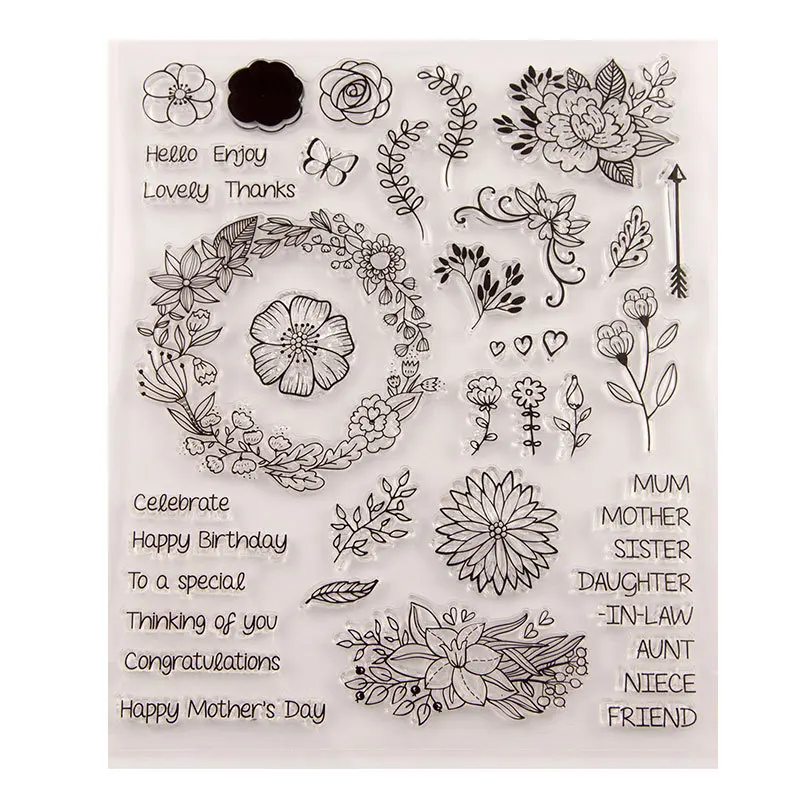 

Flowers Wreath Leaves and Words Transparent Clear Stamps Silicone Seal for DIY Scrapbooking Card Making Album Decoration Crafts