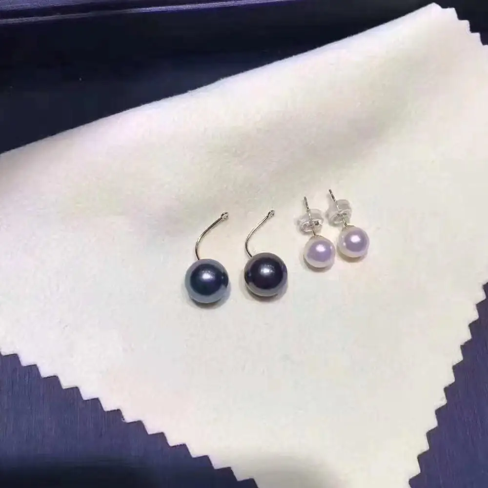 Великолепные 8-11 мм круглые белые серьги с черным жемчугом 18 K