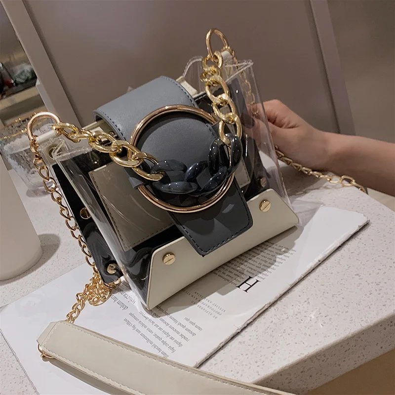 

Transparent Jelly Bucket Tote bag 2019 Summer New High Quality PVC Women's Designer Handbag Lock Chain Shoulder Messenger Bag