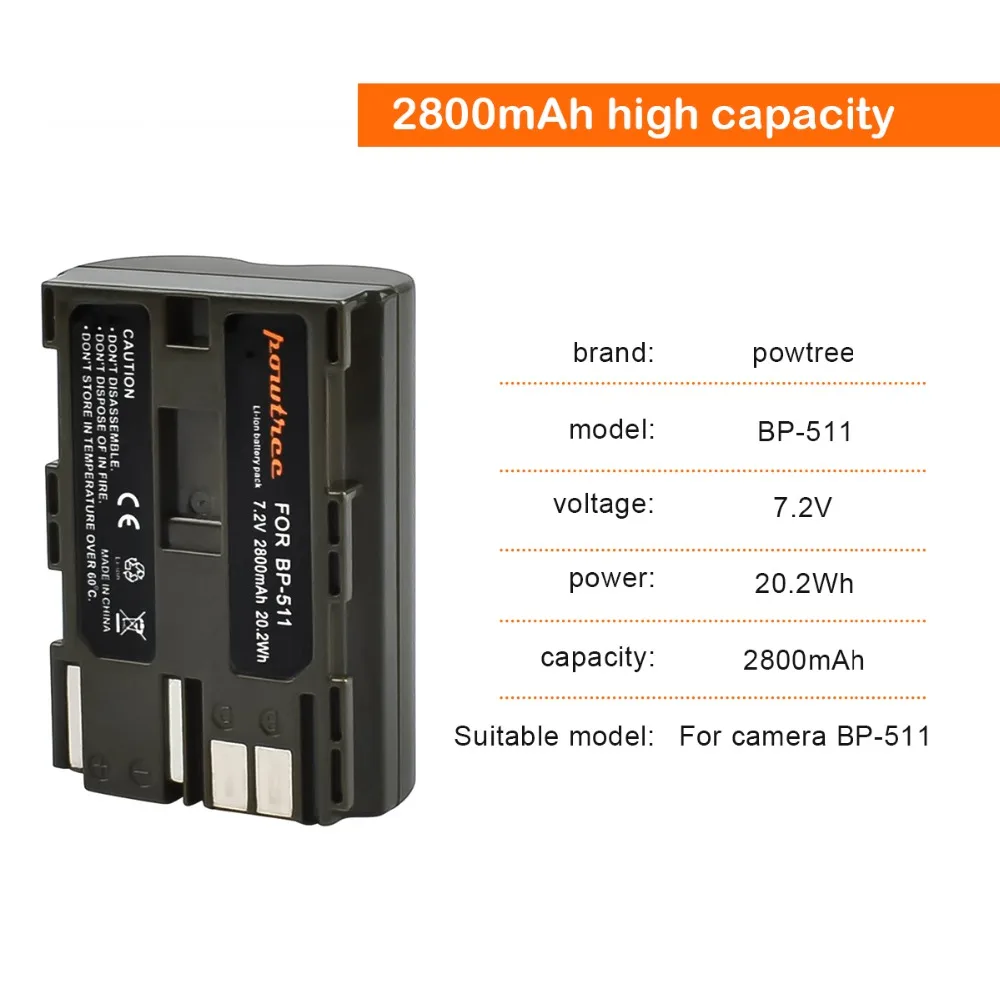 Powtree для Canon 4 шт 7,2 V 2800 мА/ч, BP-511 BP 511 BP511 BP511A Камера Батарея+ LCD Dual charger для 300D 40D 5D 20D 30D 50D G6