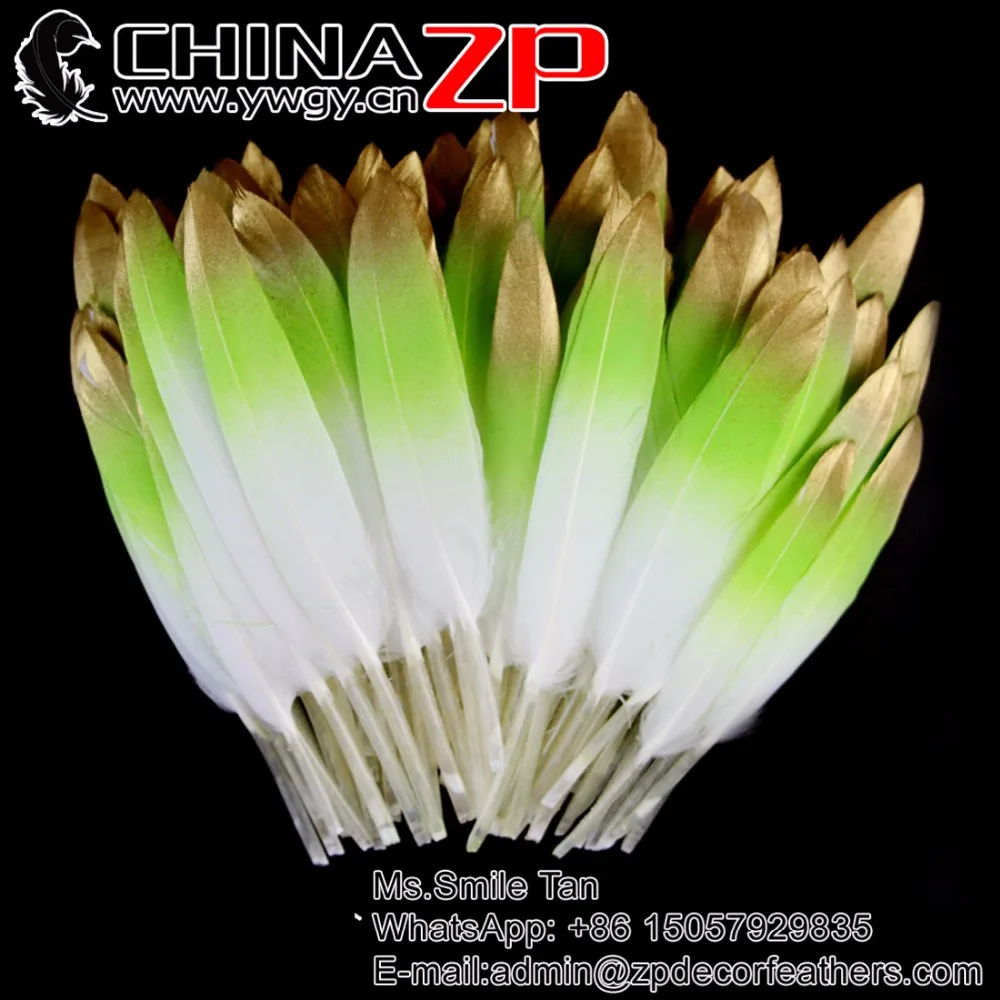 

CHINAZP Feathers 100pcs/lot Bright Lime Green withe Ombre Metallic Gold Tip Feathers Painted Duck Feather Wholesale Bulk Sale