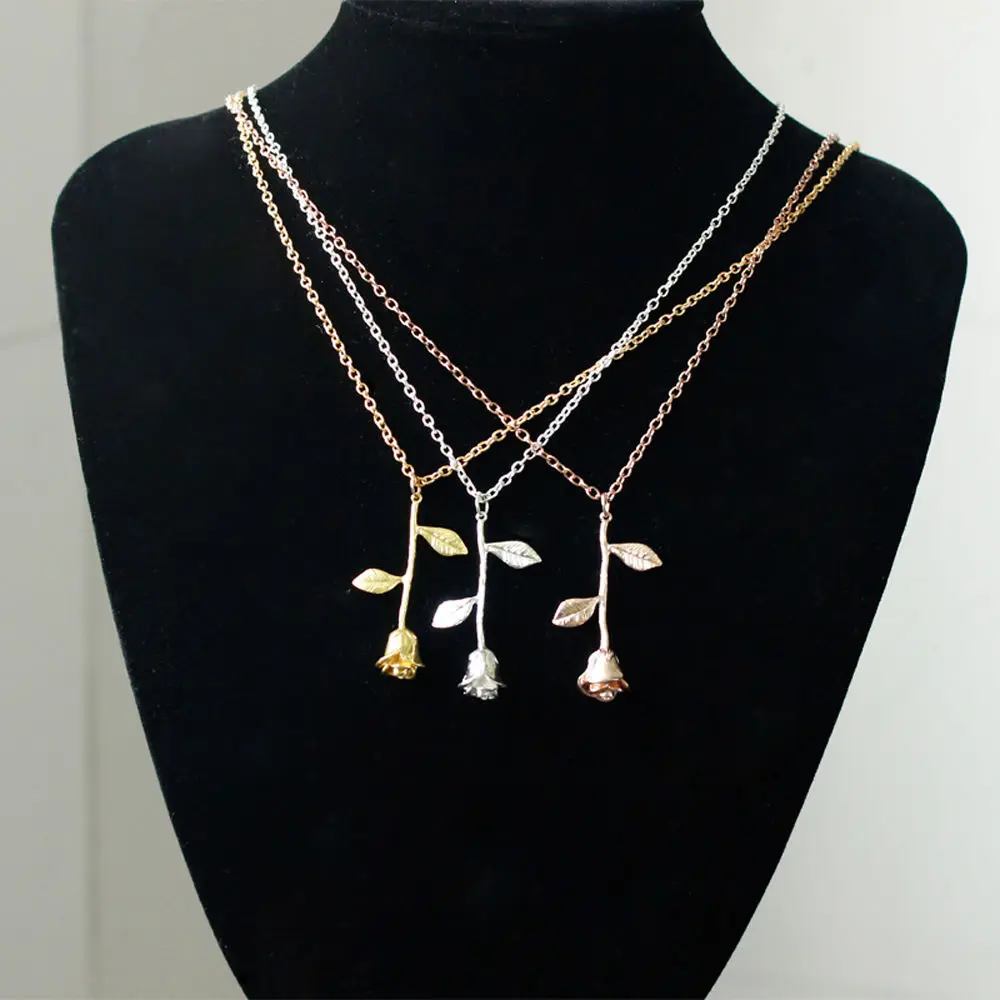 

2017 New Style 3 Colors Metal Rose Shape Elegant Pendant Chain Necklace Beauty Women Girl Charm Necklaces Jewelry