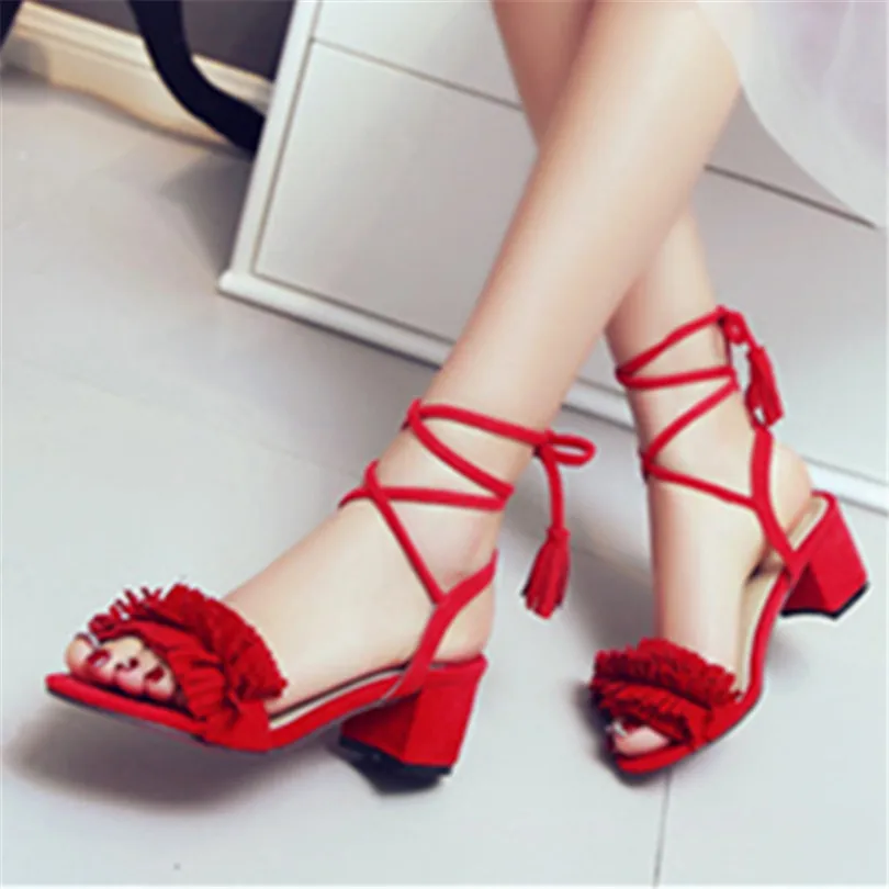 

2017 Summer Black Red New Hot fashion women fringe sandals shoes high-heeled ankle strap Casual Lace-Up women pumps women shoes