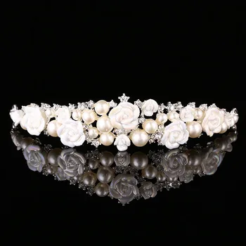 

White Wedding Bride Crown Hair Accessories Alloy Crystal Headband Tiaras Hair Jewelry Soft Ceramic Flowers Women Headpiece LB