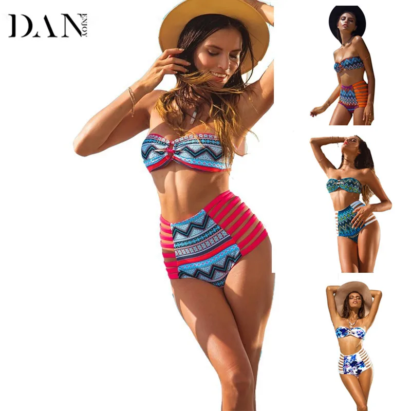 

DANENJOY Bandeau Bikini Print Swimsuit Strappy Swimwear Women Push Up Bathing Suit Large Brazilian Bandage Beachwear 2018