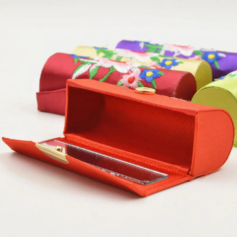 

Fashion Vintage Chinese Flower Embroidered Lady Wommen Gift Lipstick Holder for External Portable Storage Case Box with Mirror！