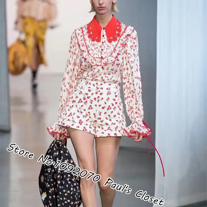 

Women teardrop lace collar cream ditsy trim top shirt