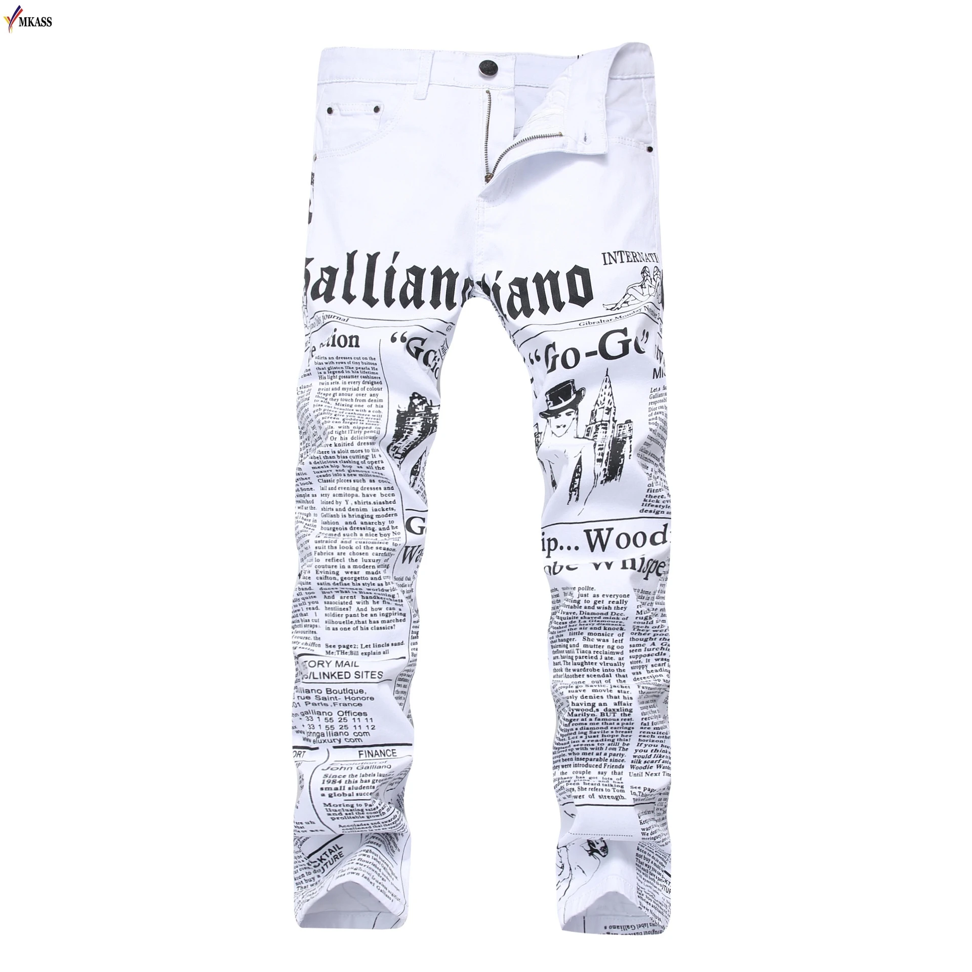 Brand White Printed Men Jeans Fashion Male Unique Cotton Stretch Jeans Man Casual Character Pattern pantalon hombre Biker Jeans