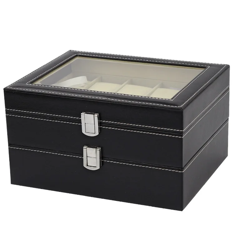 Черный двухслойный замок дисплей ящик для хранения окно солнцезащитных очков Черный сшить кожаный подарок для мужчин/женщин коробка для сбора WBG1096