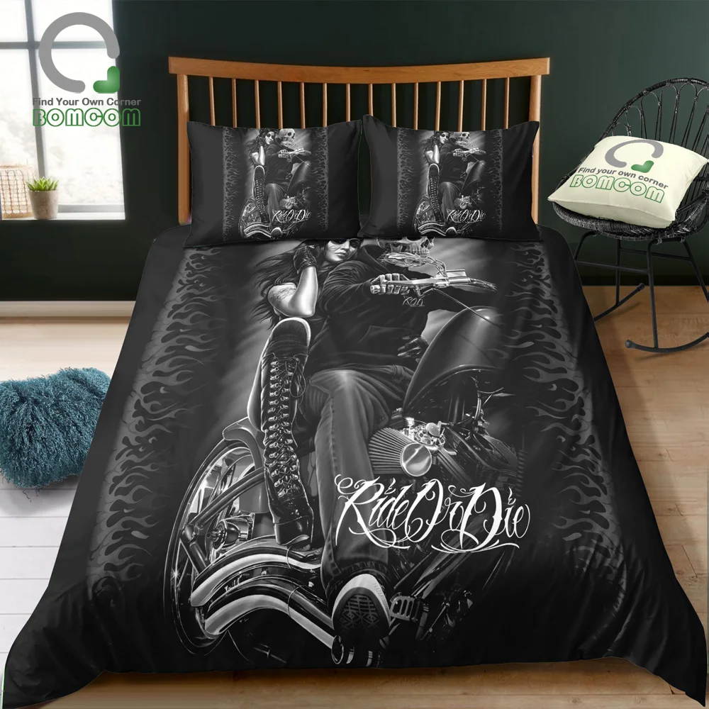 

BOMCOM 3D Digital Printing Skull Bedding Set Marilyn Monroe and skull motorbike rider Duvet Cover Set 100% Microfiber