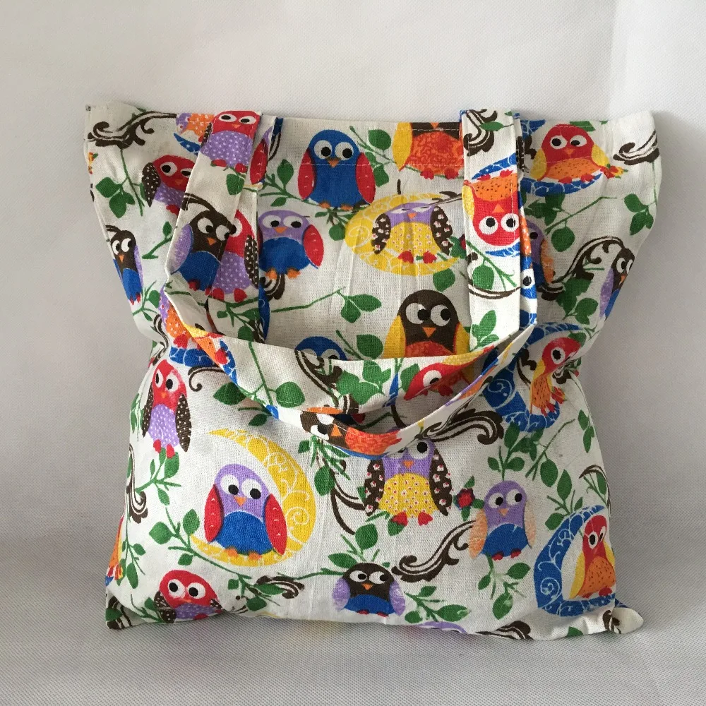 Handmade Cotton Canvas Eco Reusable Shopping Tote Bag Print Colorful Owls