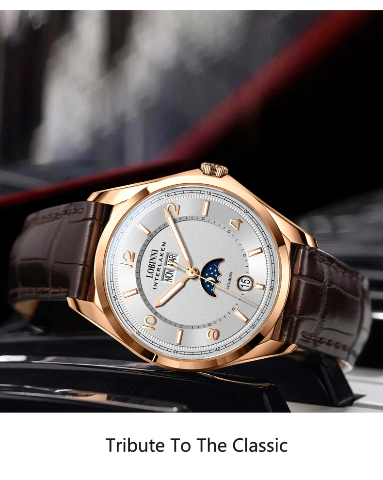 Switzerland Luxury Brand LOBINNI Watches Men Automatic Mechanical Men's Watch Multi-function Sapphire Moon Phase Clock L18016-3