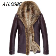 AILOOGE мужская зимняя куртка из овечьей шерсти, куртка из искусственной кожи, Мужская Толстая куртка с воротником из меха енота, Jaqueta Couro Masculino размера плюс