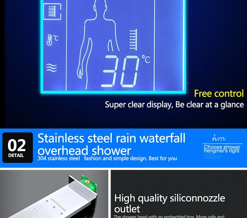 Digital Thermostat Waterfall Shower Controller Touch Control Panel Large SUS304 Rainfall Massage Bathroom Celling  (20)