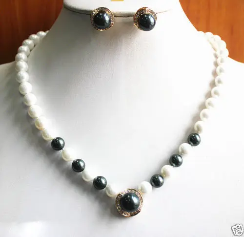 

Hot selling> Jewelry Black White Shell Pearl Necklace Earring And Pendant Set NEW NEW -Bride jewelry free shipping