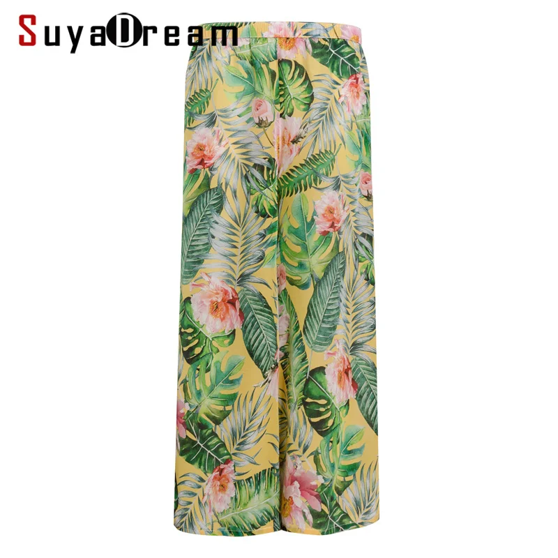 

Women Pants 100%Real Silk Crepe Print Wide Leg Pants Elastic Waist Holiday Loose Ankle-length Pants 2019 New Summer Trousers