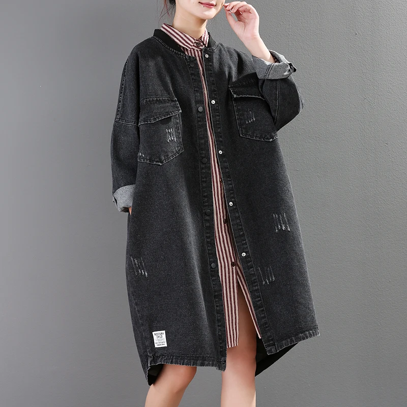 

[EWQ] 2019 Autumn New Pattern Office Lady Style Full Sleeve Solid Color Washed Distressed Retro Stand Collar Denim Coat AF819