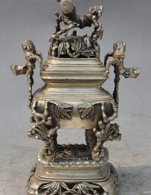 

S4075 10" Marked Chinese Silver Folk Bamboo Pole Leaf Statue Incense Burner Censer D0318