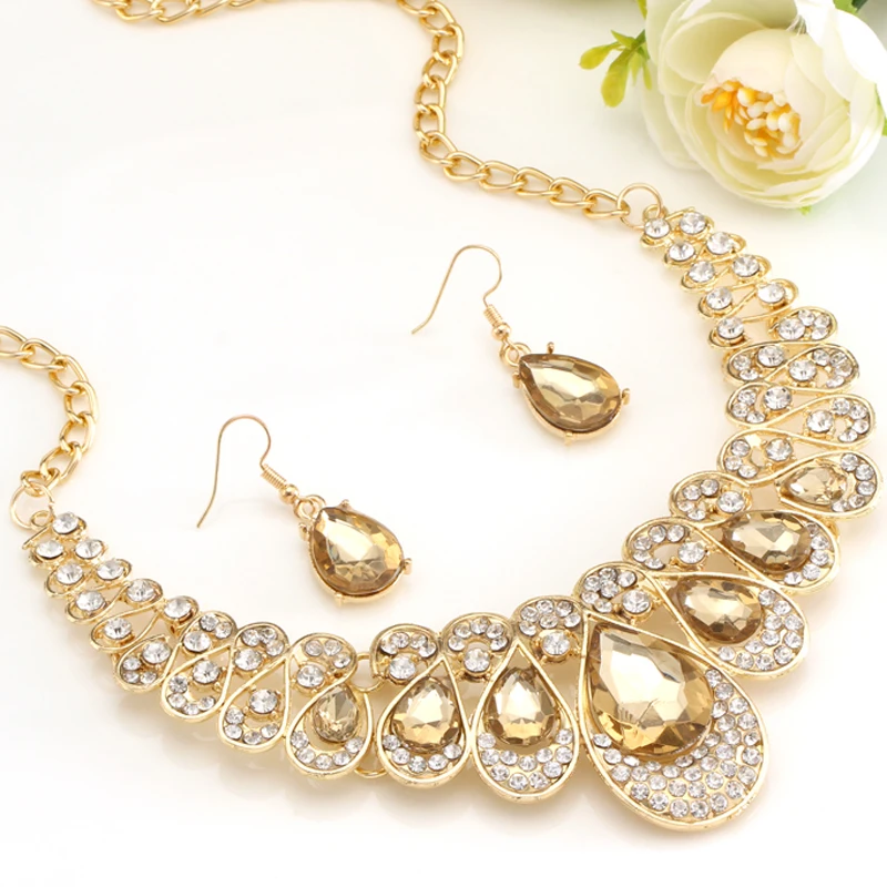 Золотой Цвет капли воды ожерелье с подвеской Свадебные Ювелирные наборы Шампанское Стразы Серьги