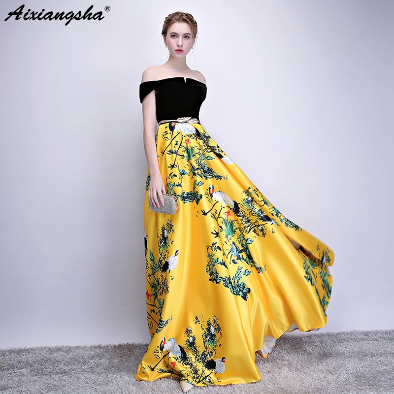 Chinese Style Prom Dresses 2018 Boat Neck Golden Blet Vestido De Festa