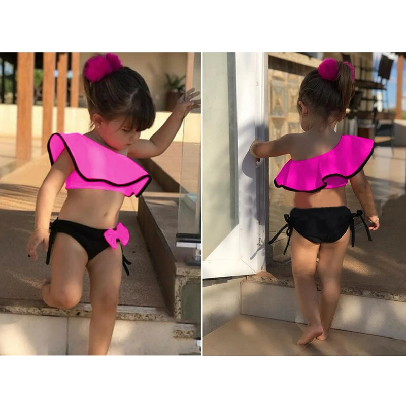 

Ruffle Single One Shoulder Girl Swimwear Bikini Set Kids Girls Bow Lovely Summer Swimsuit Swimwear 2PCS Outfits Set Clothes