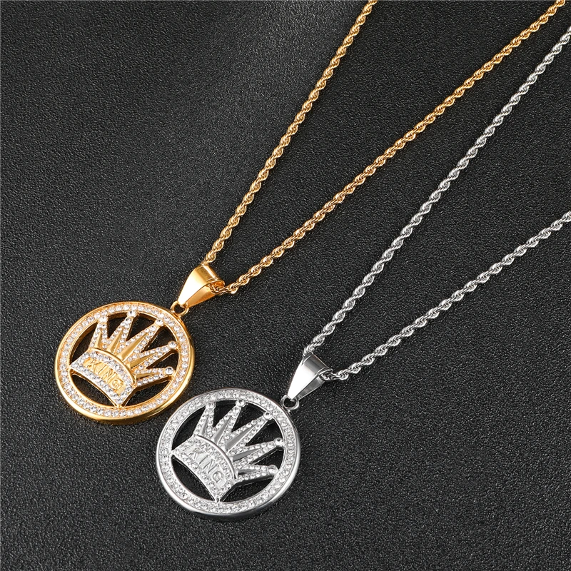 HIP Hop Bling Iced Out Cubic Zirconia Crown Necklaces Titanium Stainless Steel Round Necklaces& Pendants for Men Jewelry