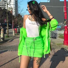 Женская облегающая юбка с цепочкой, неоновая зеленая мини-юбка с поясом,, летняя мода, высокая талия, для девушек, Корея, Harajuku, тонкая юбка для женщин