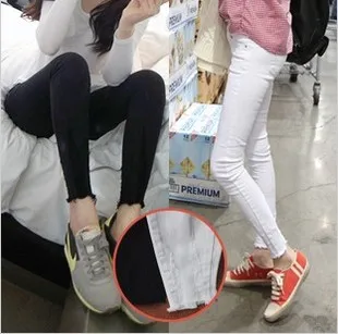 Black pants 2016 summer women thin white models black burr hole thin pants jeans feet woman