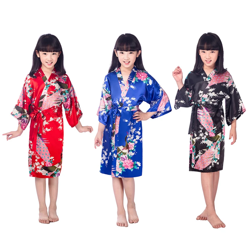 

11Color Girls Yukata Japanese Kimono Traditional Costumes Kids 1-14 Years Summer Thin Polyester Home Pajamas Height 70-160CM