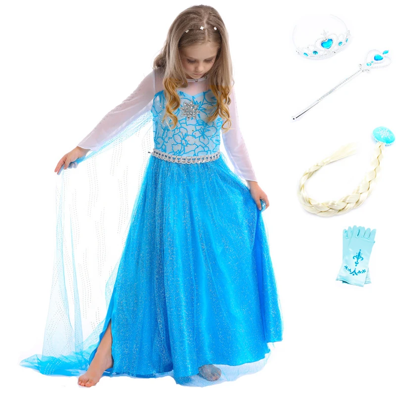 Платье Эльзы; костюм принцессы; вечерние платья; маскарадная Одежда для девочек; костюм Анны, Снежной королевы с принтом на день рождения, Хэллоуин, Рождество