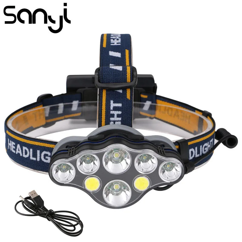 Налобный фонарь SANYI 2* T6+ 4* XPE+ 2* COB, 8 режимов освещения, налобный фонарь с аккумулятором 18650, светодиодный фонарик для охоты, заряжаемый от USB - Испускаемый цвет: Packging 1