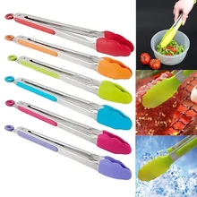 Featured Silicone Kitchen Cooking Salad Food BBQ Tongs Stainless Steel Handle Tongs Random Color