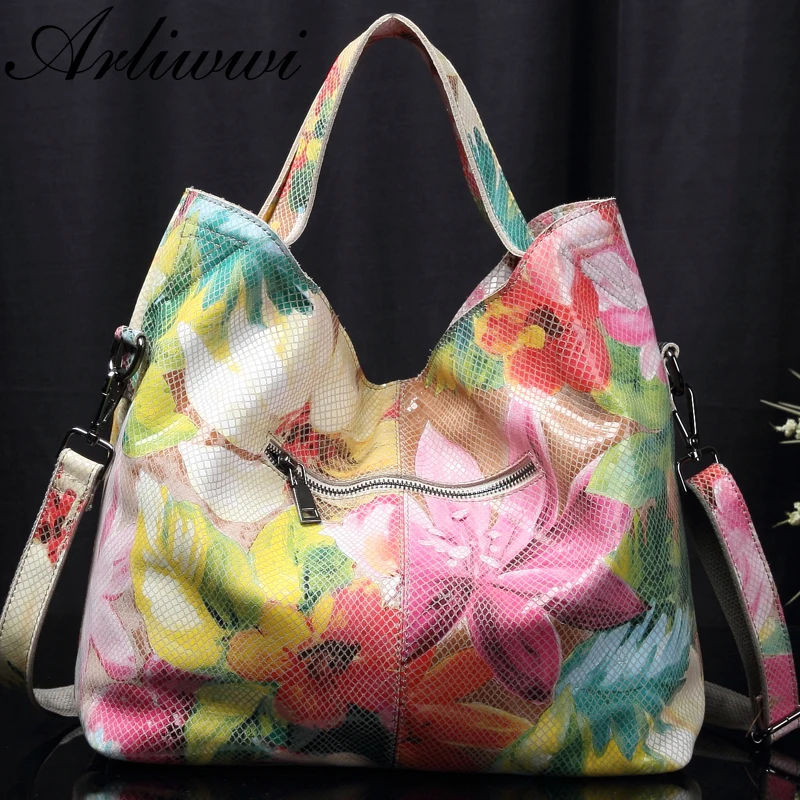 Arliwwi Brand Female Real Leather Shiny Flower Summer Women Tote Handbags New Lily Floral Lady Embossed Genuine Leather Bags