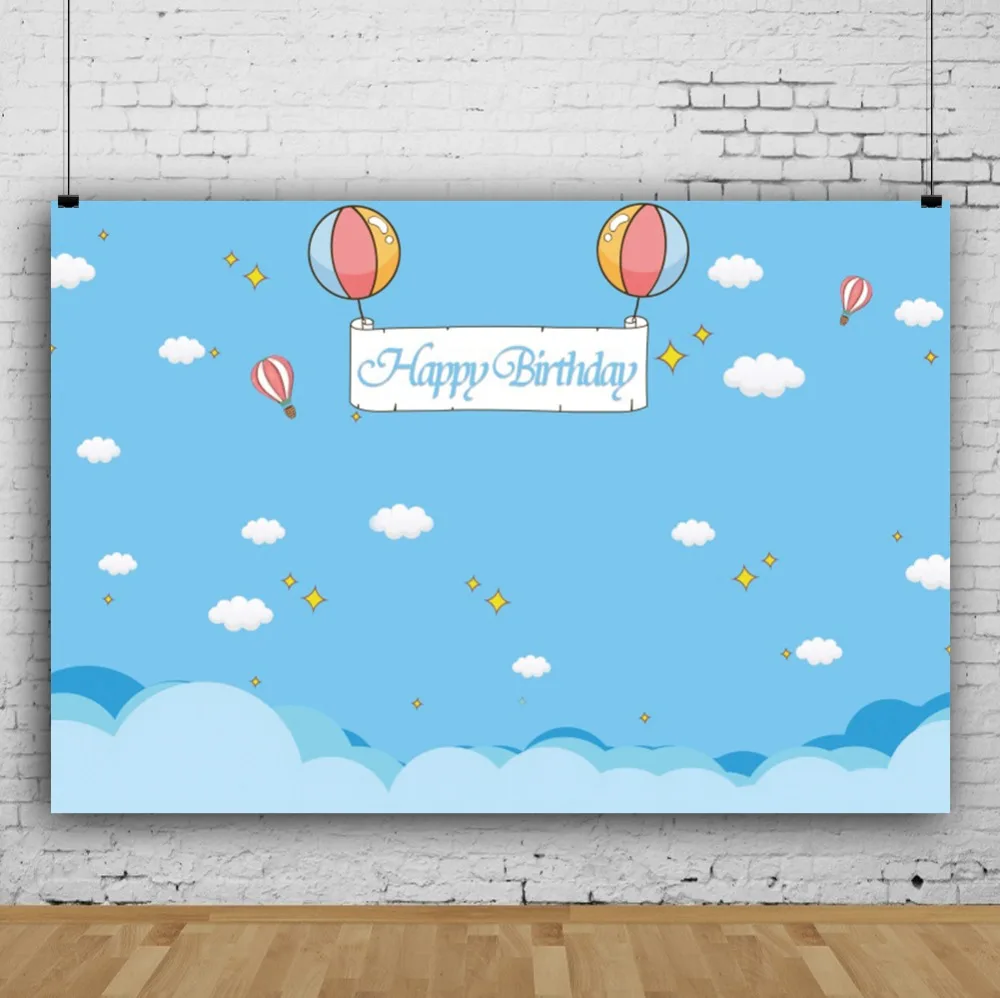 Laeacco Happy Birthday Balloons Blue Sky White Clouds Baby Scene Photography Backgrounds Photographic Backdrops For Photo Studio